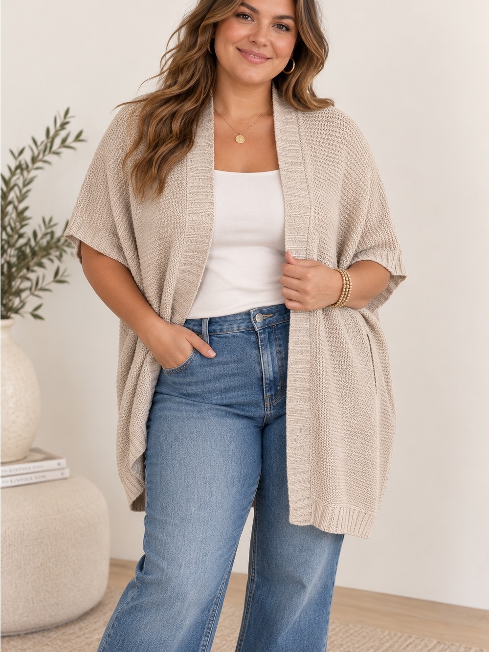 Eileen Fisher Open-Front Knit Poncho Cardigan - Beige